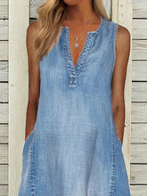 Load image into Gallery viewer, Notched Sleeveless Pockets Midi Denim Dress
