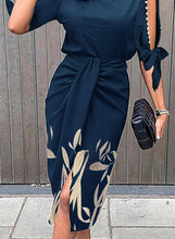 Load image into Gallery viewer, Navy Cold Shoulder Print Pleated Midi Dress
