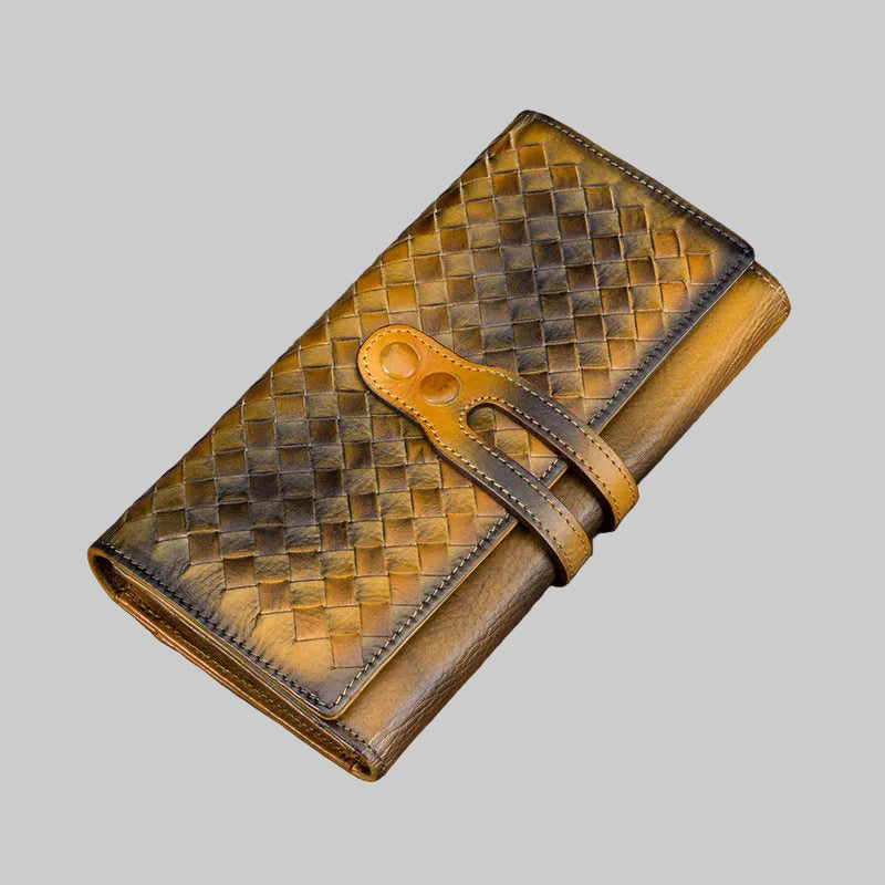Brown woven leather wallet on a gray background
