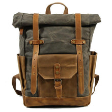 Load image into Gallery viewer, Features of your Vintage Roll Top Backpack
