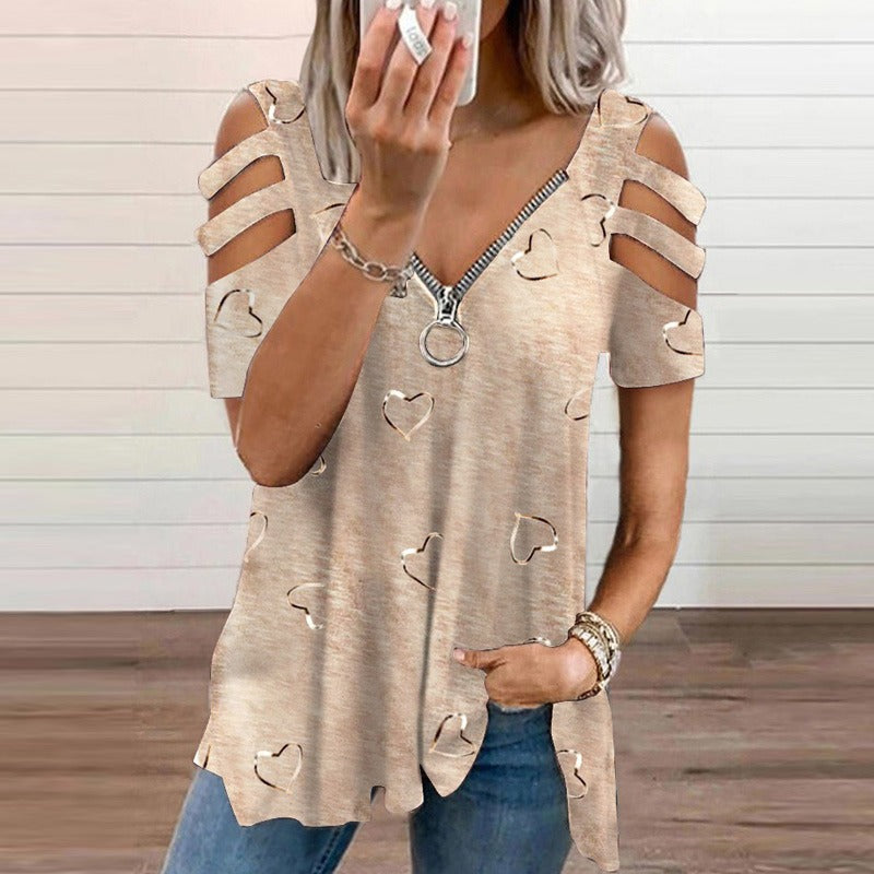 Casual Loose V Neck Sweetheart Print T-shirt