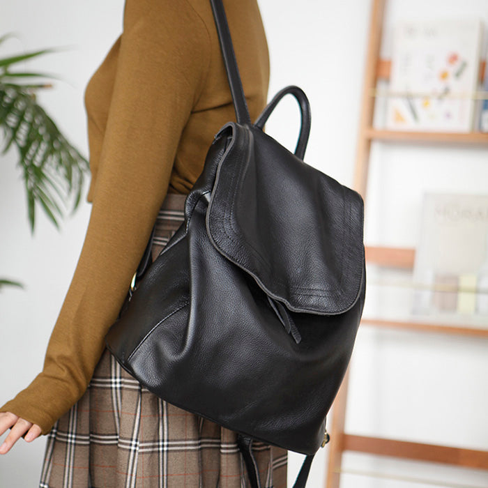 Simple Womens Leather Rucksack Plain Black Backpack For Women