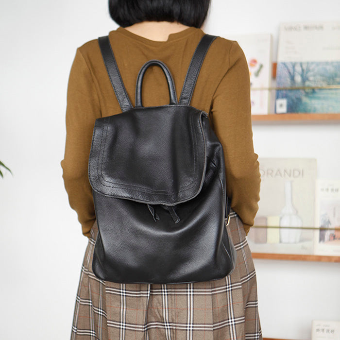 Simple Womens Leather Rucksack Plain Black Backpack For Women