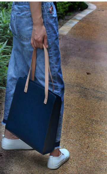 Minimalist Haze Blue Leather Shoulder Tote Bags Purse for Women