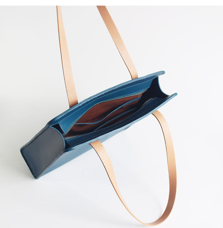 Minimalist Haze Blue Leather Shoulder Tote Bags Purse for Women