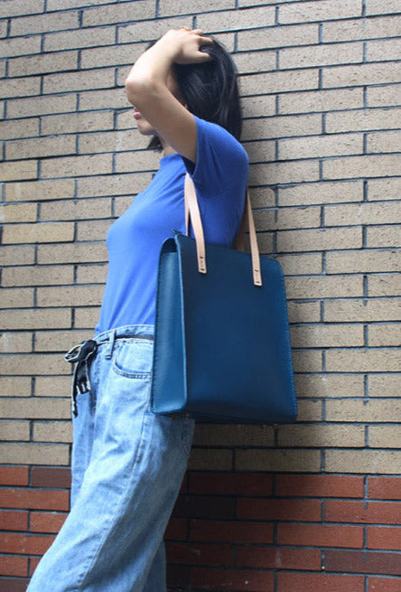 Minimalist Haze Blue Leather Shoulder Tote Bags Purse for Women