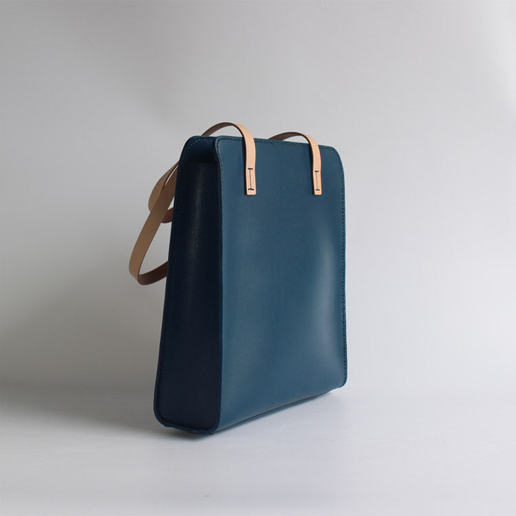 Minimalist Haze Blue Leather Shoulder Tote Bags Purse for Women