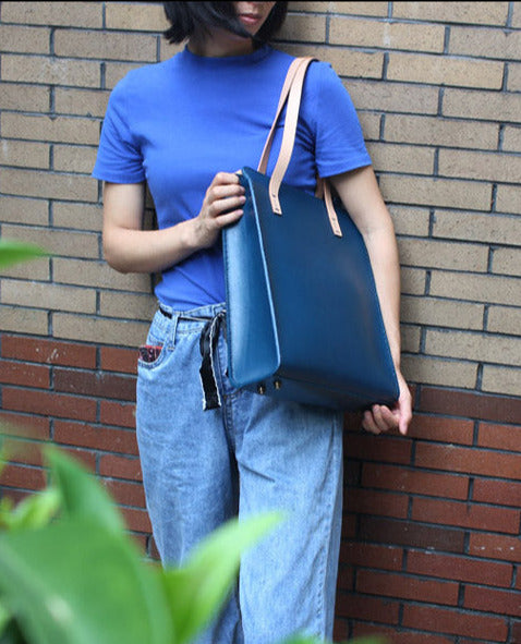 Minimalist Haze Blue Leather Shoulder Tote Bags Purse for Women