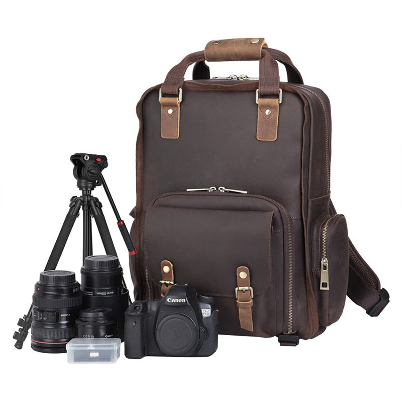 Simple Tripod Holder  Large Leather Backpack Camera Bag