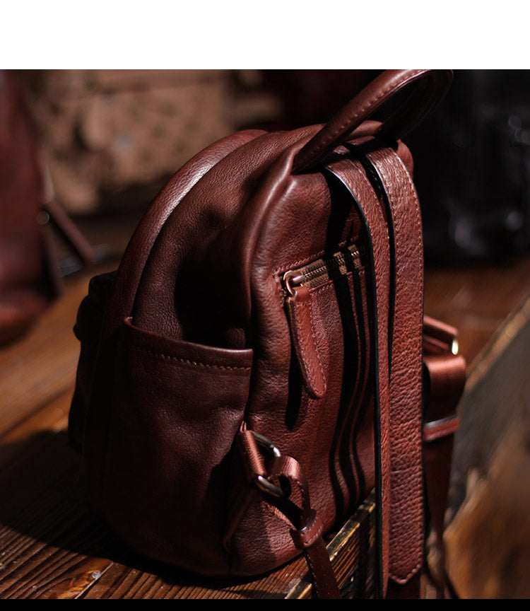 Vintage Ladies Mini Brown Leather Backpack Purse Small Leather Backpacks for Women
