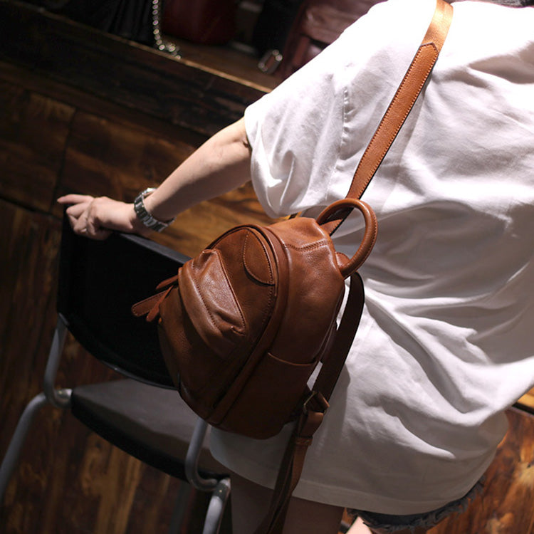 Vintage Ladies Mini Brown Leather Backpack Purse Small Leather Backpacks for Women