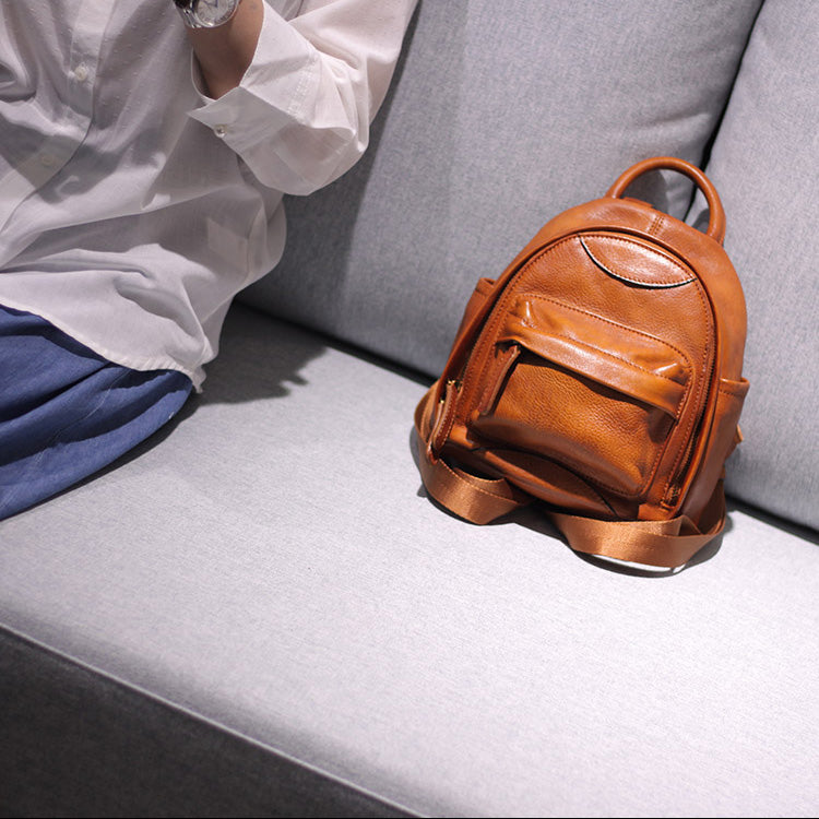 Vintage Ladies Mini Brown Leather Backpack Purse Small Leather Backpacks for Women