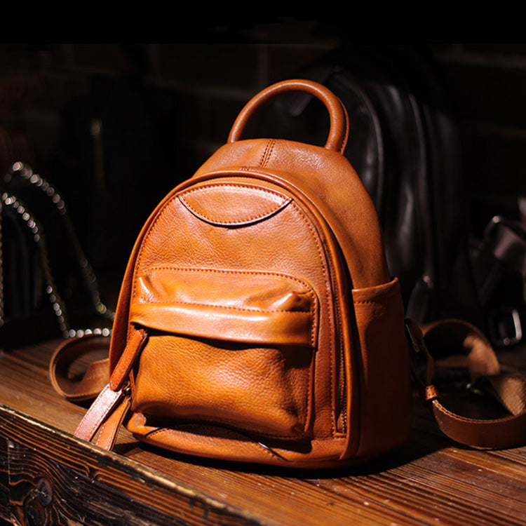 Vintage Ladies Mini Brown Leather Backpack Purse Small Leather Backpacks for Women