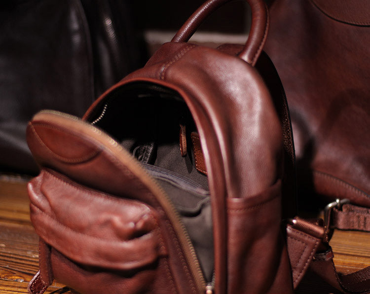 Vintage Ladies Mini Brown Leather Backpack Purse Small Leather Backpacks for Women