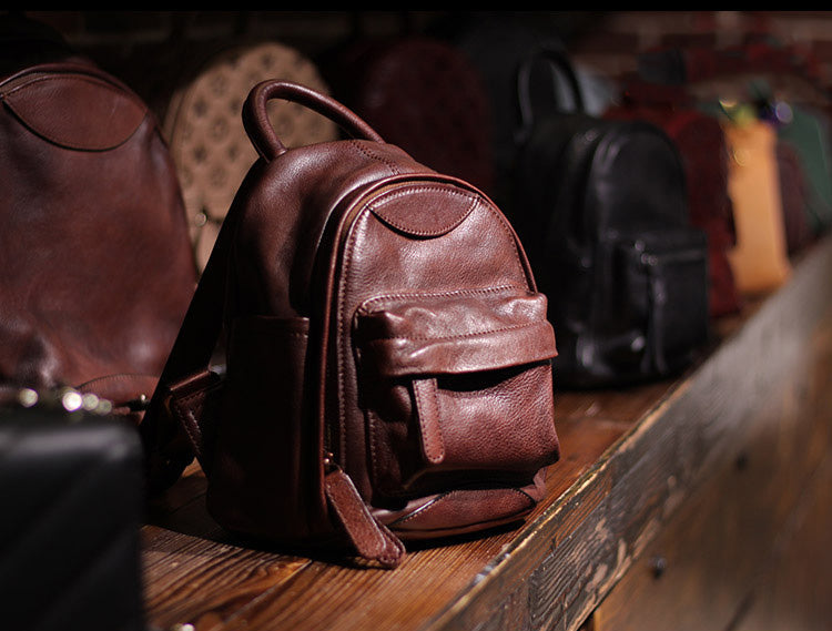 Vintage Ladies Mini Brown Leather Backpack Purse Small Leather Backpacks for Women