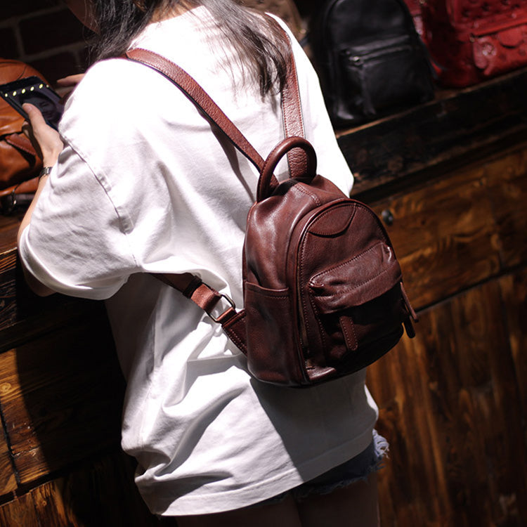 Vintage Ladies Mini Brown Leather Backpack Purse Small Leather Backpacks for Women