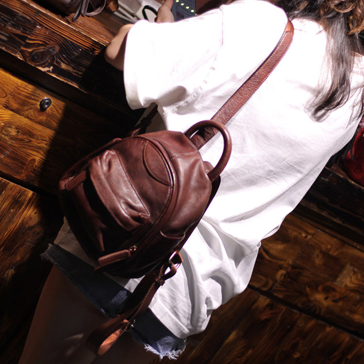 Vintage Ladies Mini Brown Leather Backpack Purse Small Leather Backpacks for Women