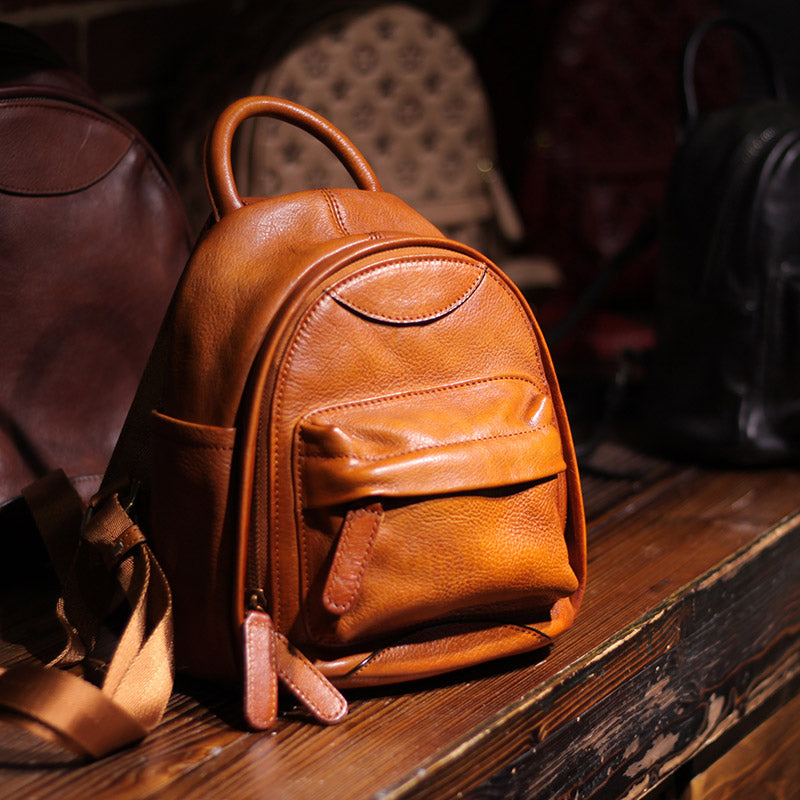 Vintage Ladies Mini Brown Leather Backpack Purse Small Leather Backpacks for Women