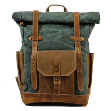 Load image into Gallery viewer, Features of your Vintage Roll Top Backpack
