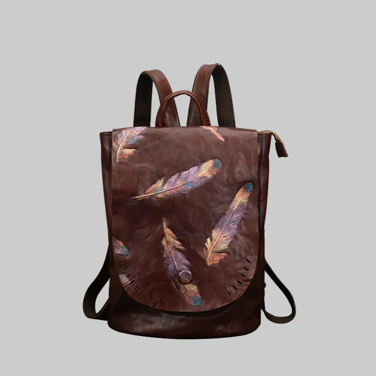 Vintage Embossed Feather Top Grain Leather Backpack