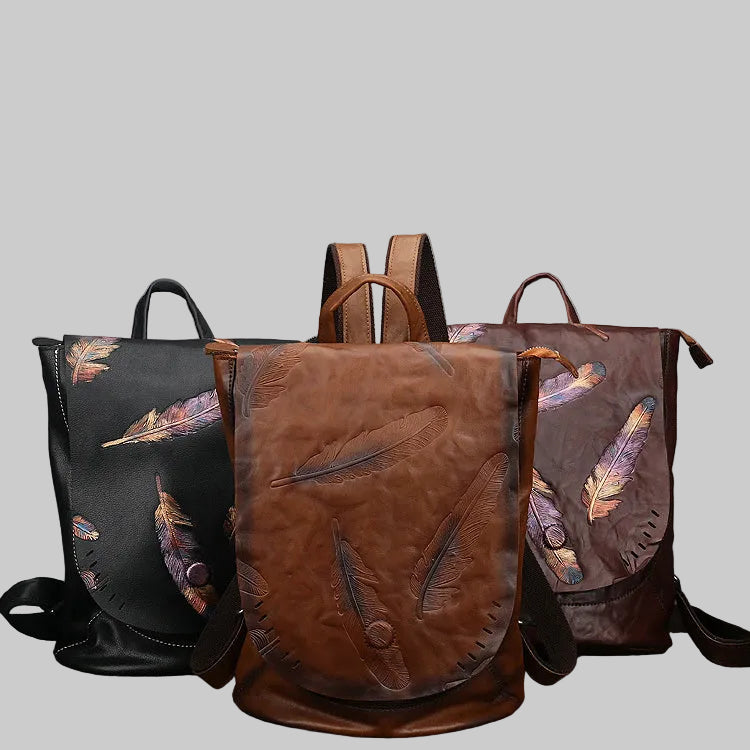 Vintage Embossed Feather Top Grain Leather Backpack