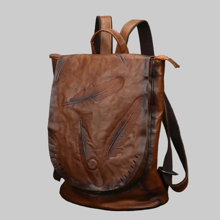 Vintage Embossed Feather Top Grain Leather Backpack
