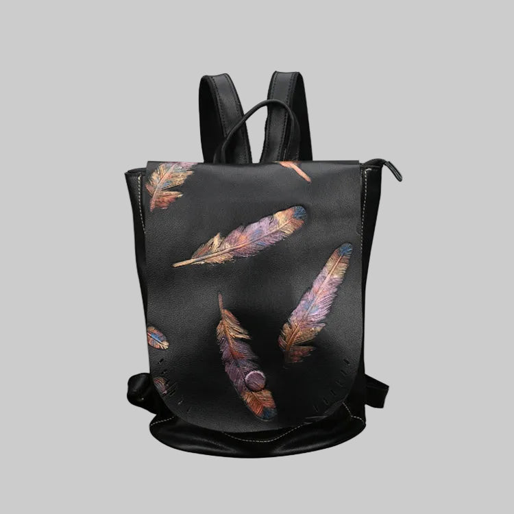 Vintage Embossed Feather Top Grain Leather Backpack