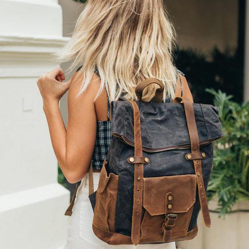 Waterproof College Weekend Travel Laptops Waxed Canvas Leather Roll top Backpack