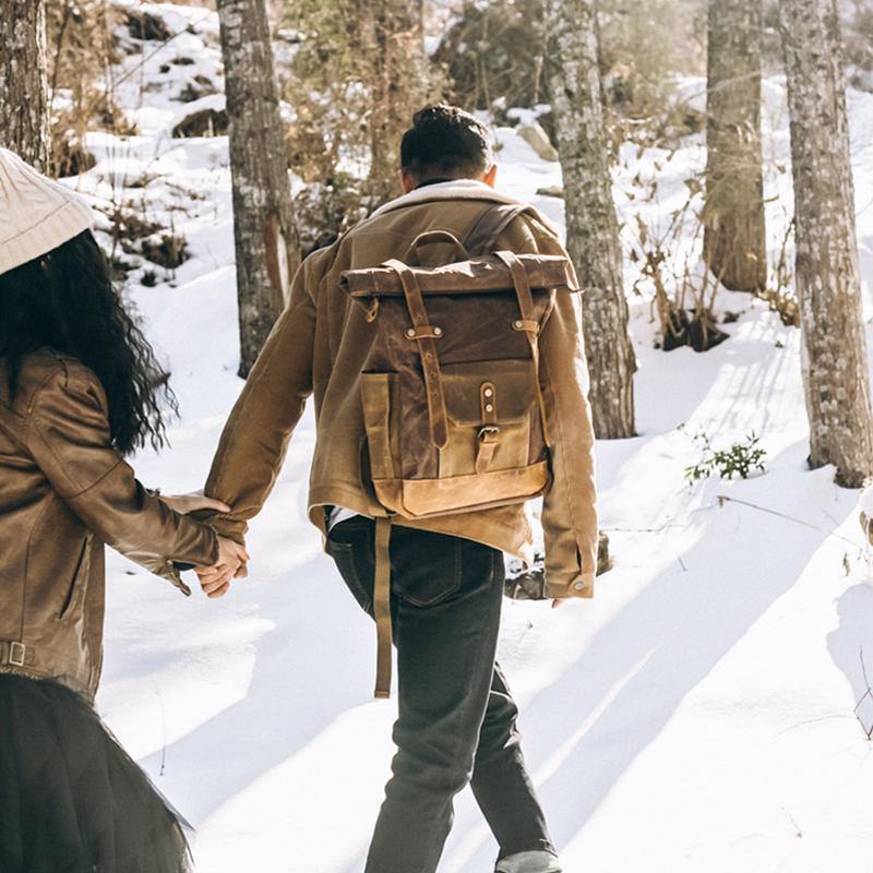 Waterproof College Weekend Travel Laptops Waxed Canvas Leather Roll top Backpack