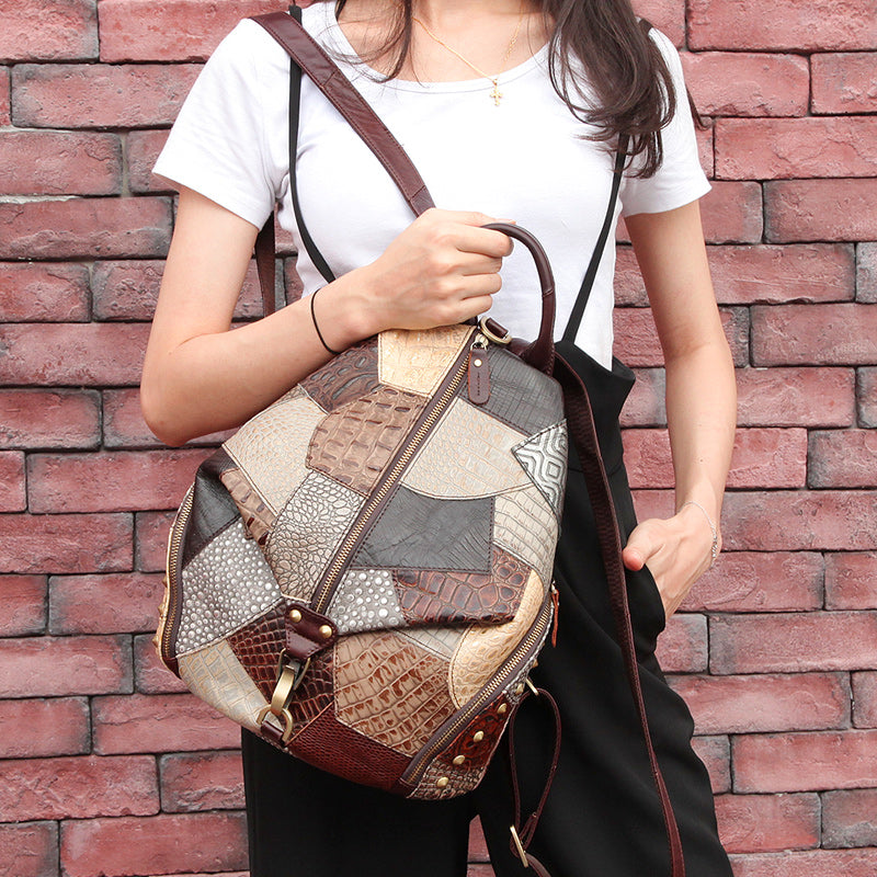 Western Patchwork Cowhide Leather Backpack