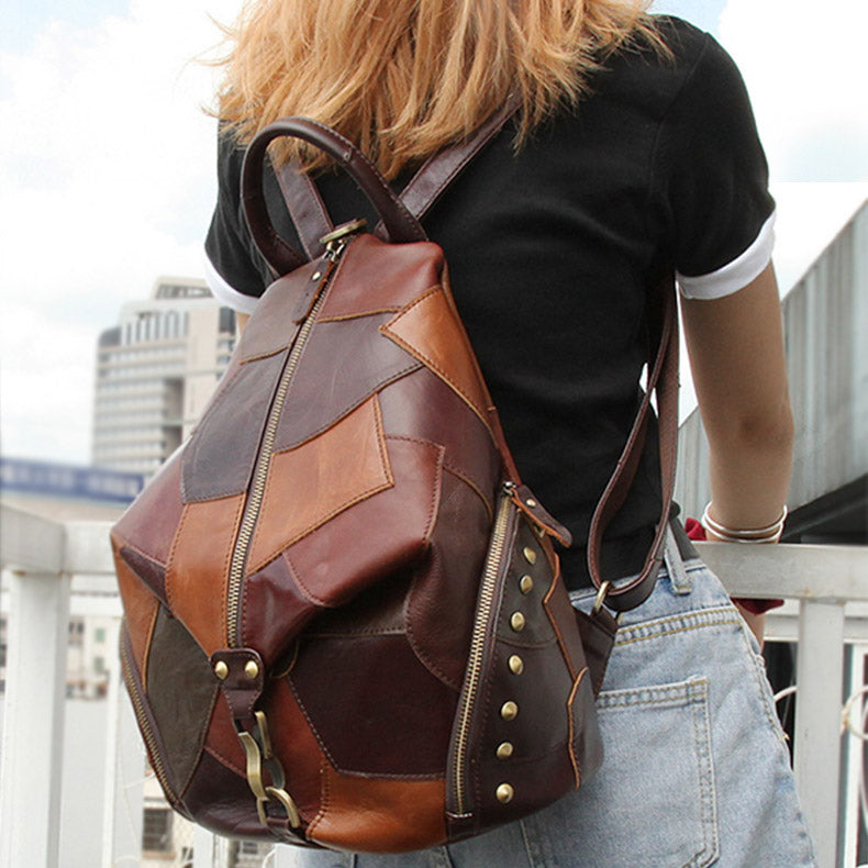 Western Patchwork Cowhide Leather Backpack