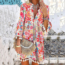 Load image into Gallery viewer, Boho Print Bell Sleeves Tiered Mini Dress

