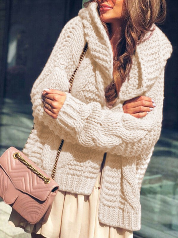 Beige Hooded Long Sleeve Oversize Fashion Cardigan Sweater