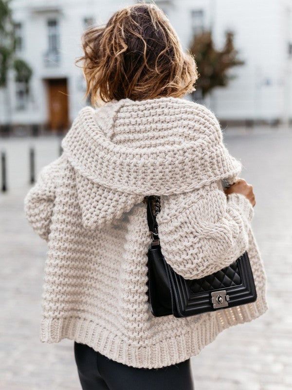 Beige Hooded Long Sleeve Oversize Fashion Cardigan Sweater