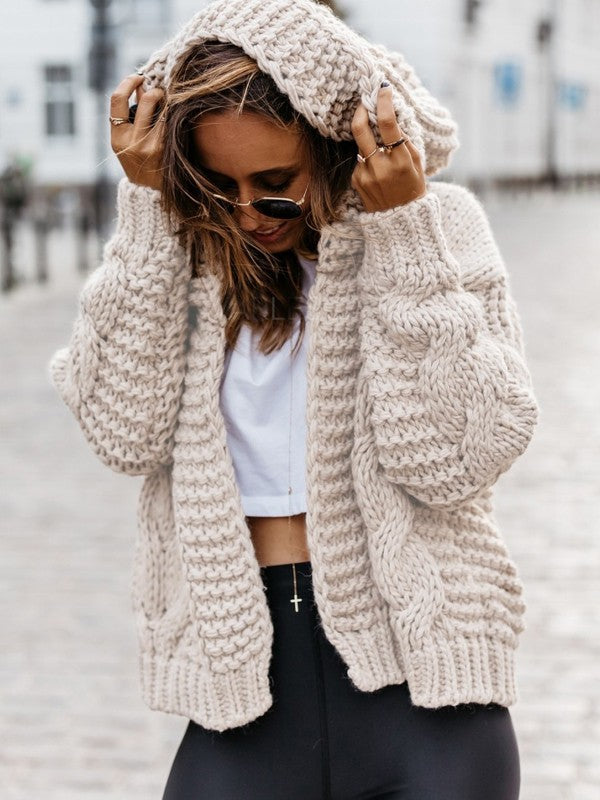 Beige Hooded Long Sleeve Oversize Fashion Cardigan Sweater