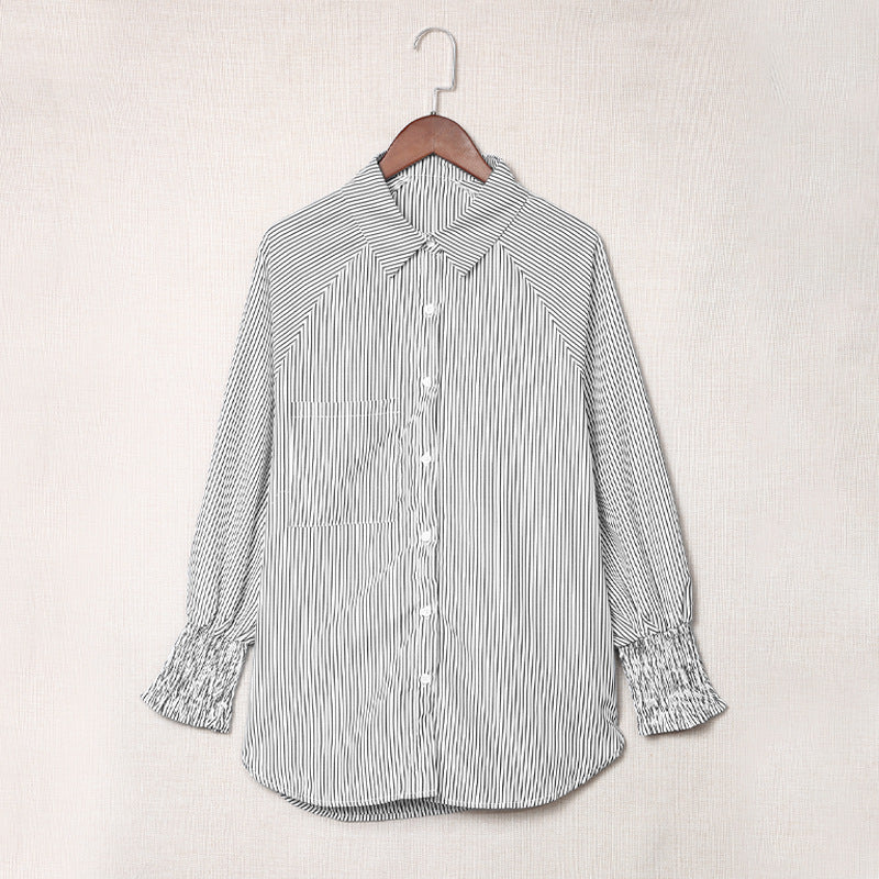 Blue Smocked Cuffed Striped Boyfriend Shirt With Pocket
