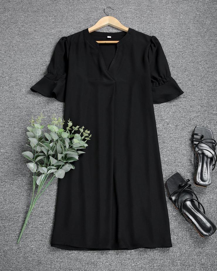 Basic Black V-Neck Short Sleeve Mini Dress