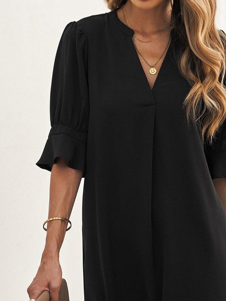 Basic Black V-Neck Short Sleeve Mini Dress