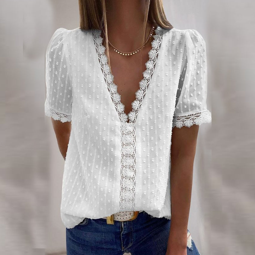 White Lace Patchwork V-neck Top