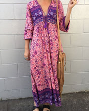 Load image into Gallery viewer, Boho Tie Neck Long Sleeve Maxi Day Dress
