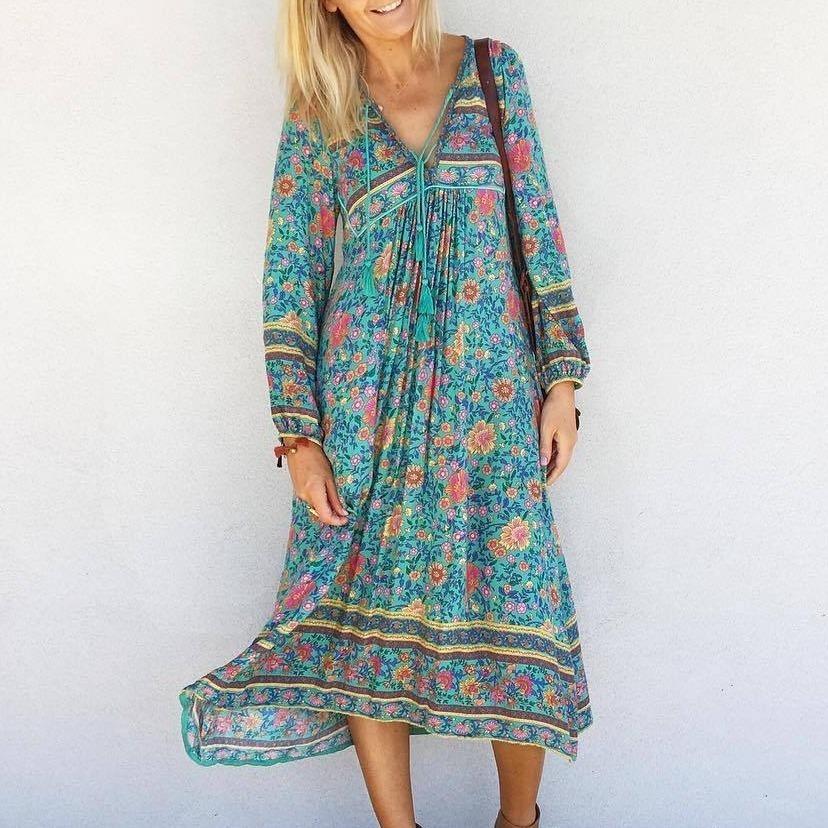 Boho Long Sleeves Floral Loose Midi Dress