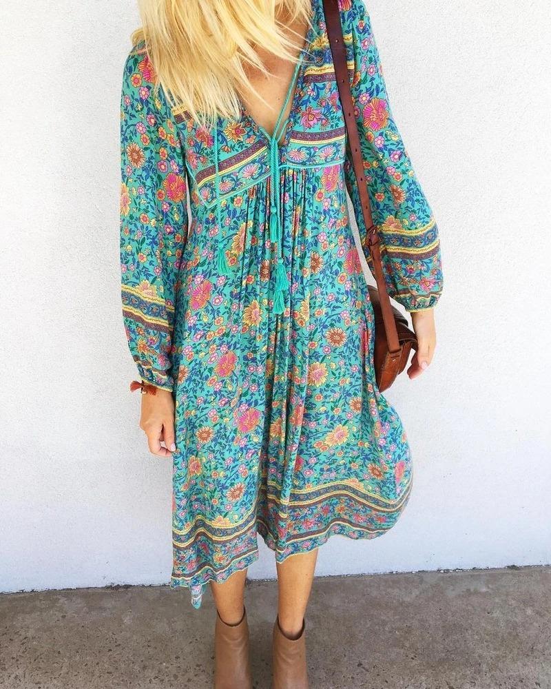 Boho Long Sleeves Floral Loose Midi Dress