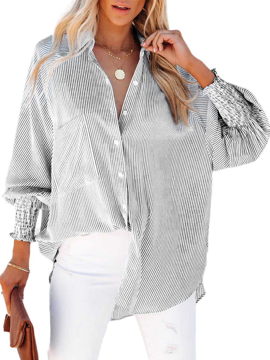 Blue Smocked Cuffed Striped Boyfriend Shirt With Pocket