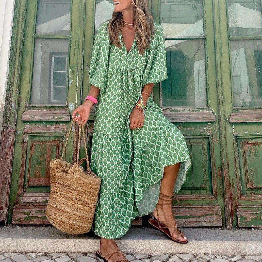 Green Diamond Red Dots Print Maxi Dress
