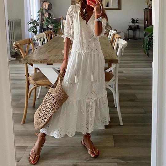 White Hollow Out Tiered Maxi Dress