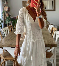 Load image into Gallery viewer, White Hollow Out Tiered Maxi Dress
