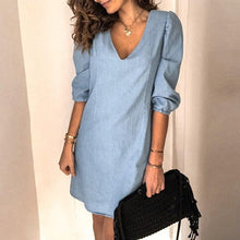 Load image into Gallery viewer, Blue V-neck Half Sleeve Shift Denim Mini Dress
