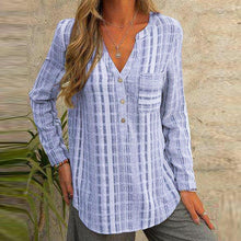 Load image into Gallery viewer, Blue Plaid Print Long Sleeve Buttons Top
