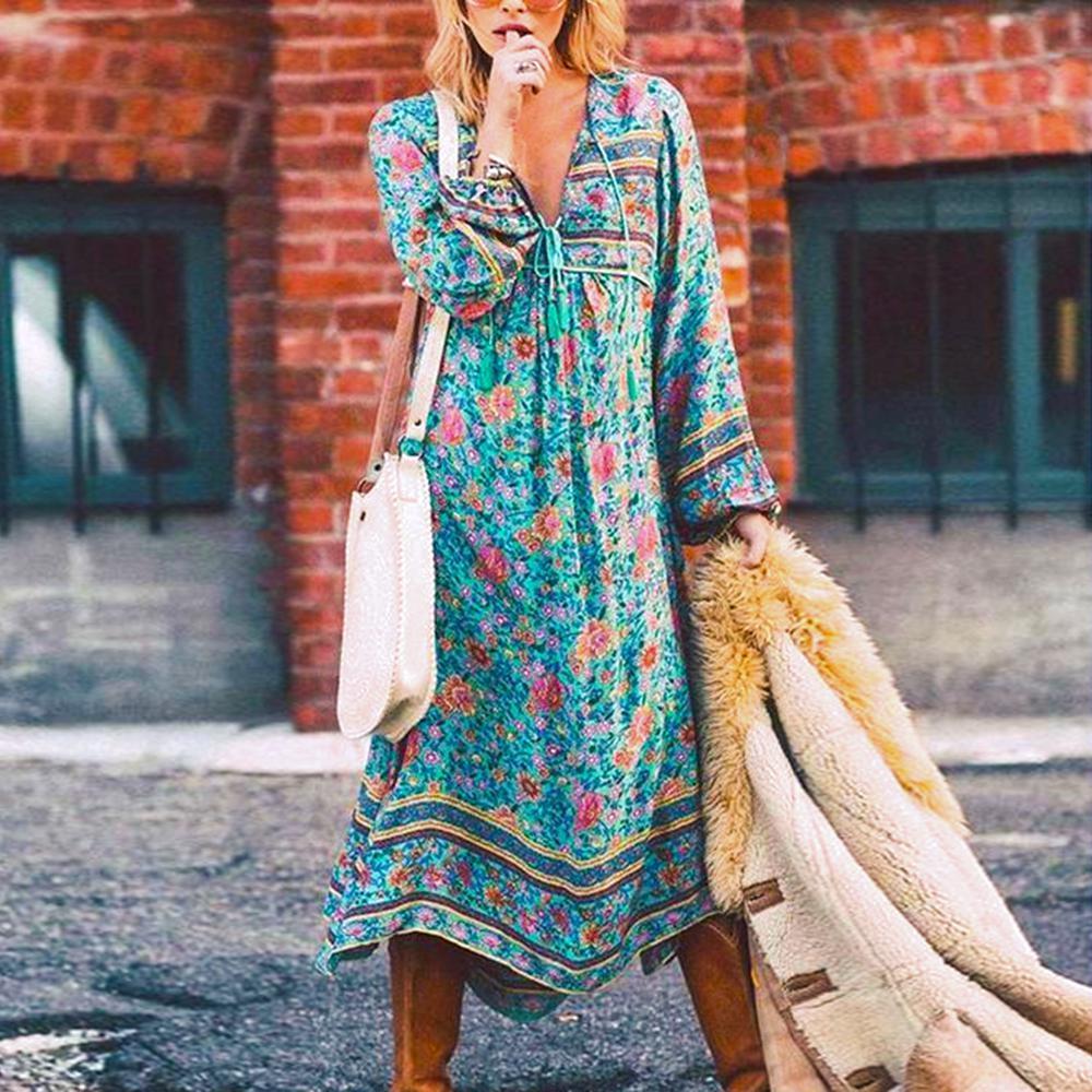 Boho Long Sleeves Floral Loose Midi Dress