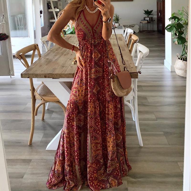 Boho Print Spaghetti Straps Empire Waist Maxi Dress